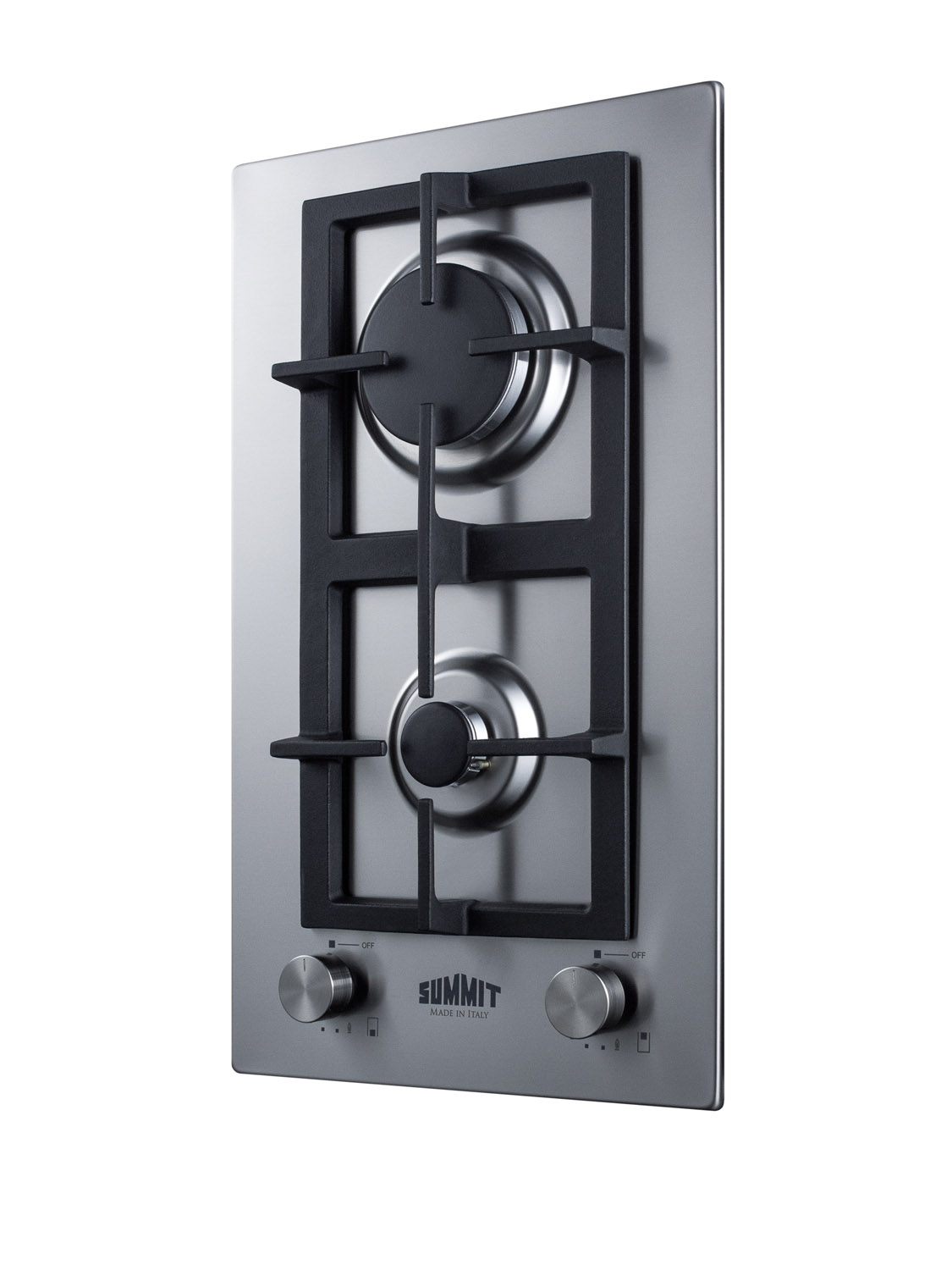 2-burner LP gas cooktop made in Italy with sealed burners, multiple heating outputs, a 304 grade stainless steel surface, and continuous cast iron grate